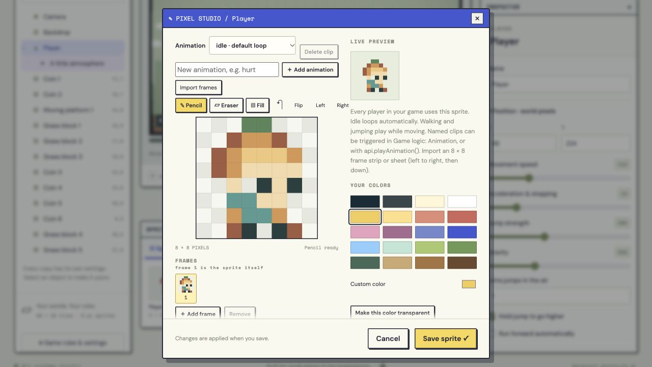 The actual Pixel Studio, with an 8 by 8 character canvas, animation frames, live preview, and a color palette.